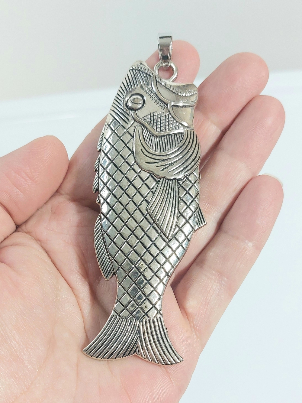 Large Silver Tone Metal Bass Fish Charm Pendant w/ Bail - Jewelry